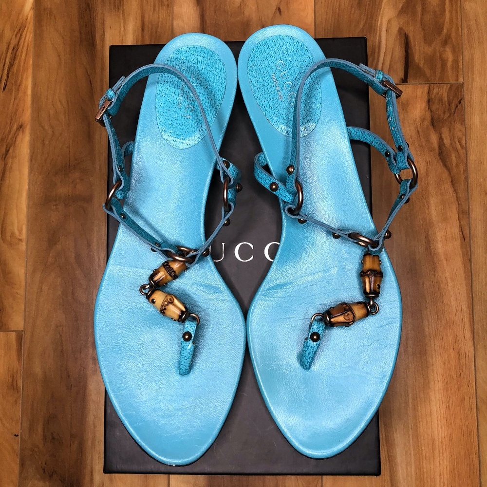 Gucci Leather Turquoise Sandal, 'Pigskin Shiny'